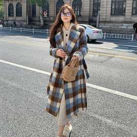 秋冬2025新款复古格纹中长款毛呢外套女装韩版chic温柔风呢子大衣