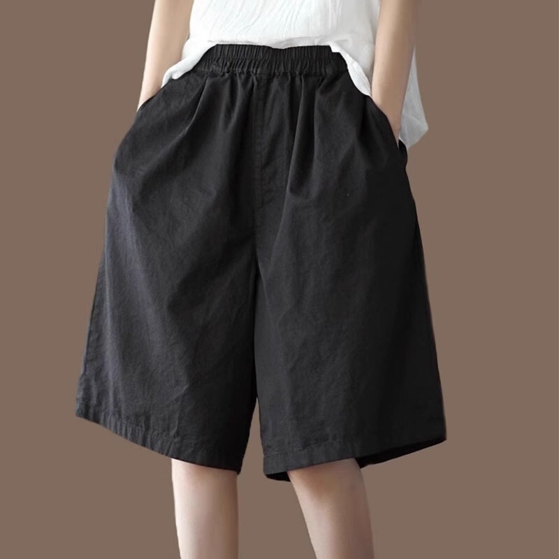Pure Cotton Casual Shorts for Women, Summer Thin Loose Straight Mid-Length Pants, Slimming High-Waisted Five-Point Wide-Leg Sports Shorts