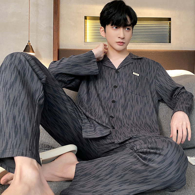 Pijamas de los hombres de primavera y otoño 100% algodón pantalones de manga larga delgada más tamaño de los hombres de alto grado traje de desgaste para el hogar