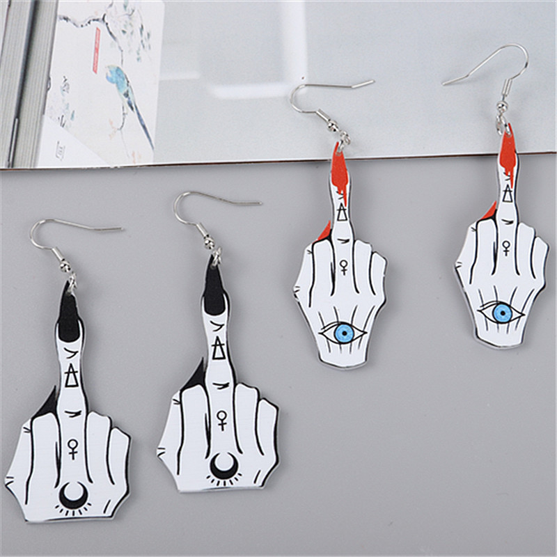 European and American Cross-border Halloween Funny Wind Middle Finger Evil Eye Bloody Demon Long Nail Finger Acrylic Earrings