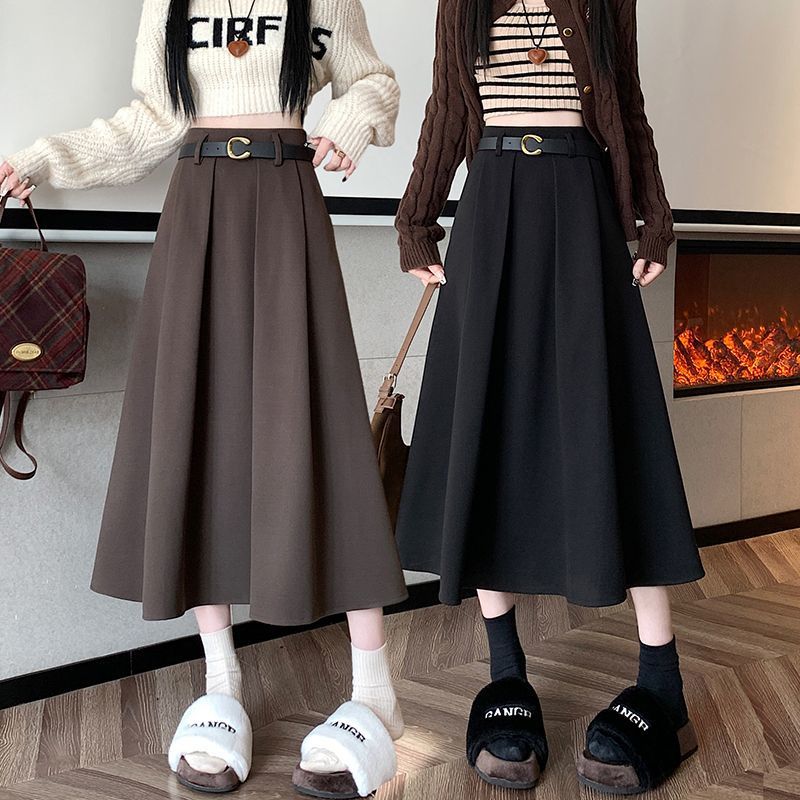 毛呢百褶裙半身裙秋冬季2025新款高腰a字裙中长款伞裙显瘦包臀裙
