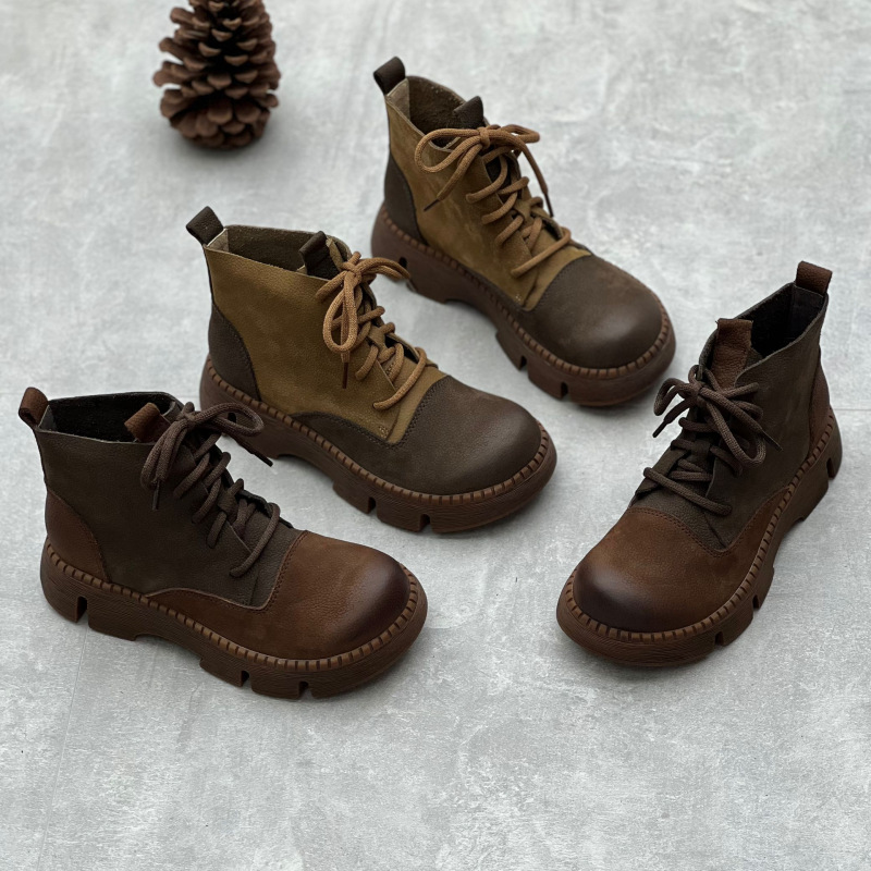 Retro handmade genuine leather platform Martin Boots factory direct autumn and winter New Round toe muffin bottom lace-up cowhide ankle boots
