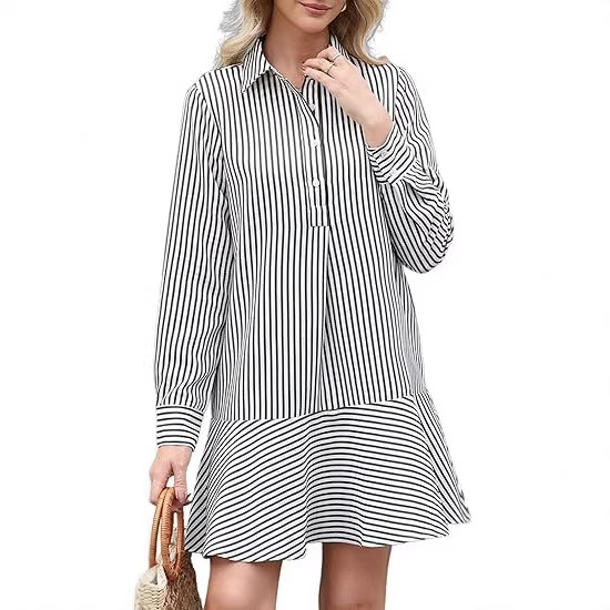 Women's Striped Shirt Mini Dress with Long Sleeves, Collar, Ruffled Hem, Buttoned Waist, and Flowing Design Women's Striped Shirt Mini Dress with Long Sleeves, Collar, Ruffled Hem, Buttoned Waist, and Flowing Design