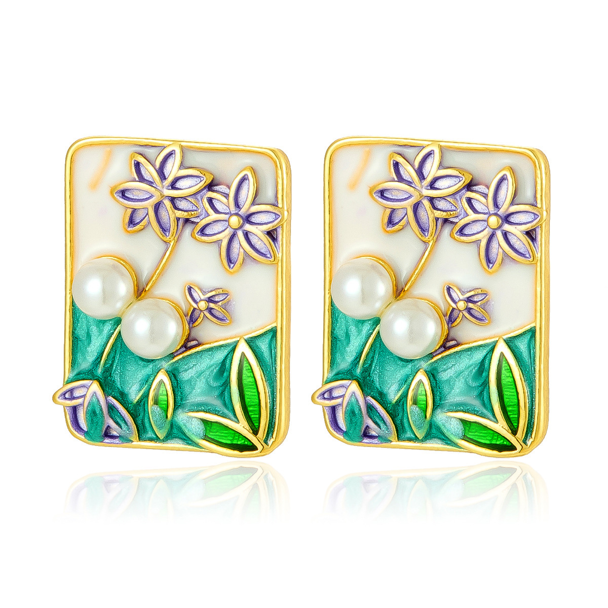 Monet Garden nuevo estilo pintura al óleo pintura pintada goteo de aceite pendientes de flores con incrustaciones de perlas pendientes de cobre de moda de alta calidad