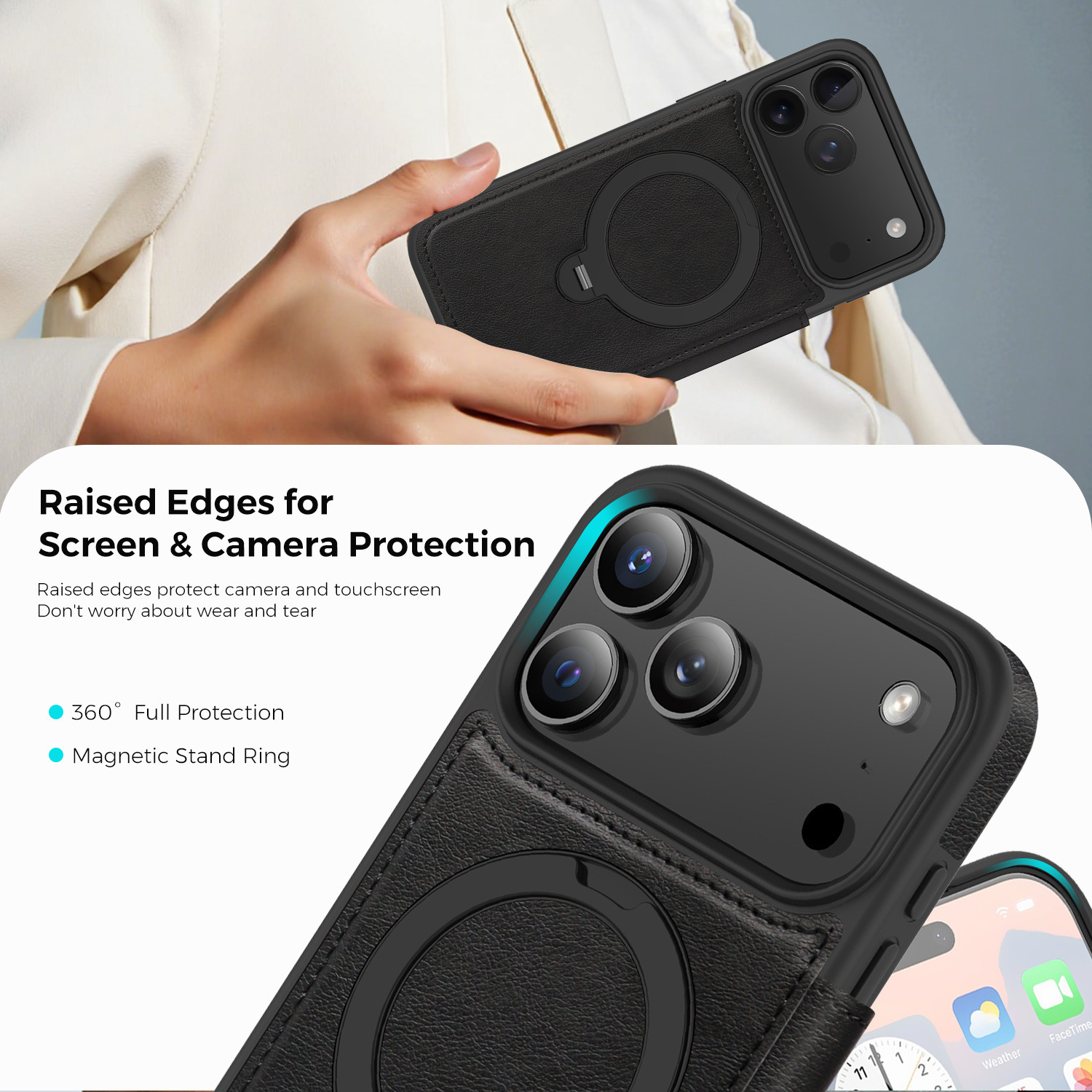 Ốp lưng da lật iPhone 16 Pro Max xoay 360 độ tích hợp giá đỡ từ tính — màu đen, màu xanh hoàng gia, Màu nâu, xám chi tiết 43