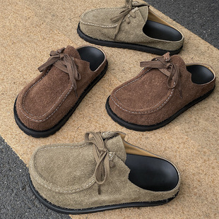 Ugly Cute Birkenau Shoes 2025 New Leather Kangaroo Shoes Men's Thick Bottom Lace-up Toe Half Pedal