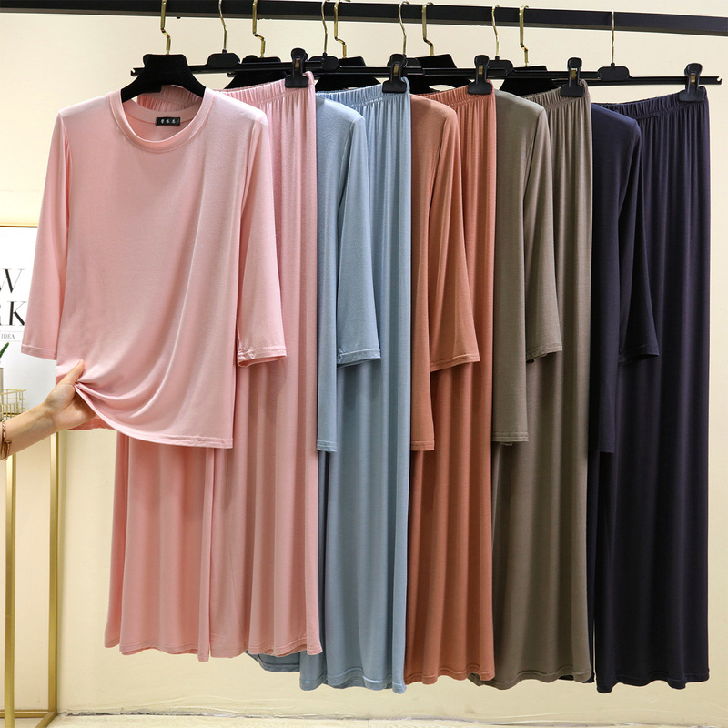 Modal Round Neck Three-Quarter Sleeve Pants Women's Suit Autumn and Winter Large Size Home Wear Thin Pajamas and Pajamas Two-Piece Set