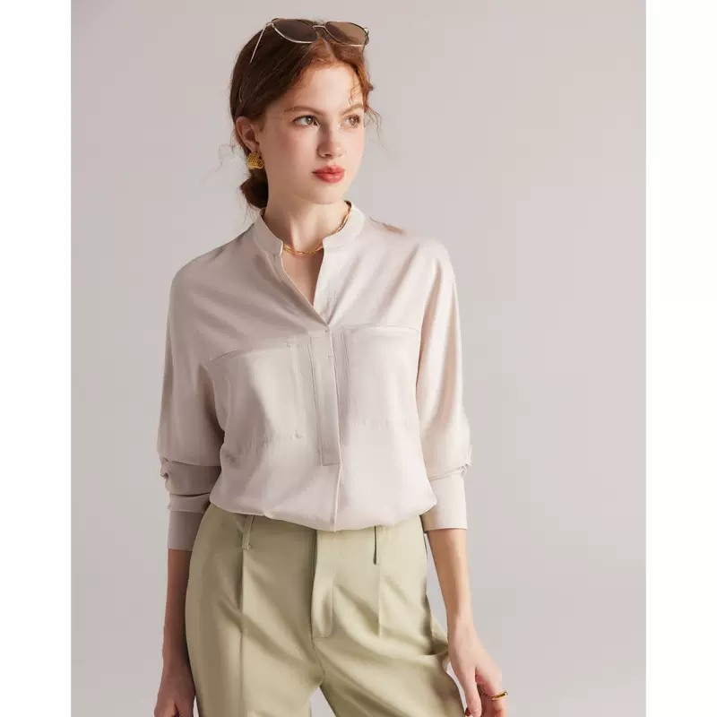 重磅砂洗真丝衬衫女2025春夏新款长袖立领纯色通勤100%桑蚕丝衬衣