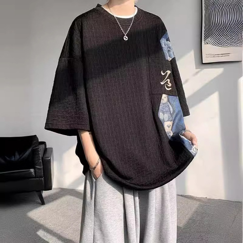 Mandarin Collage T-Shirt for Men - Summer Thin Short Sleeve with Bear Embroidery, 7/8 Sleeve, Round Neck Youth T-Shirt, Trendy Brand