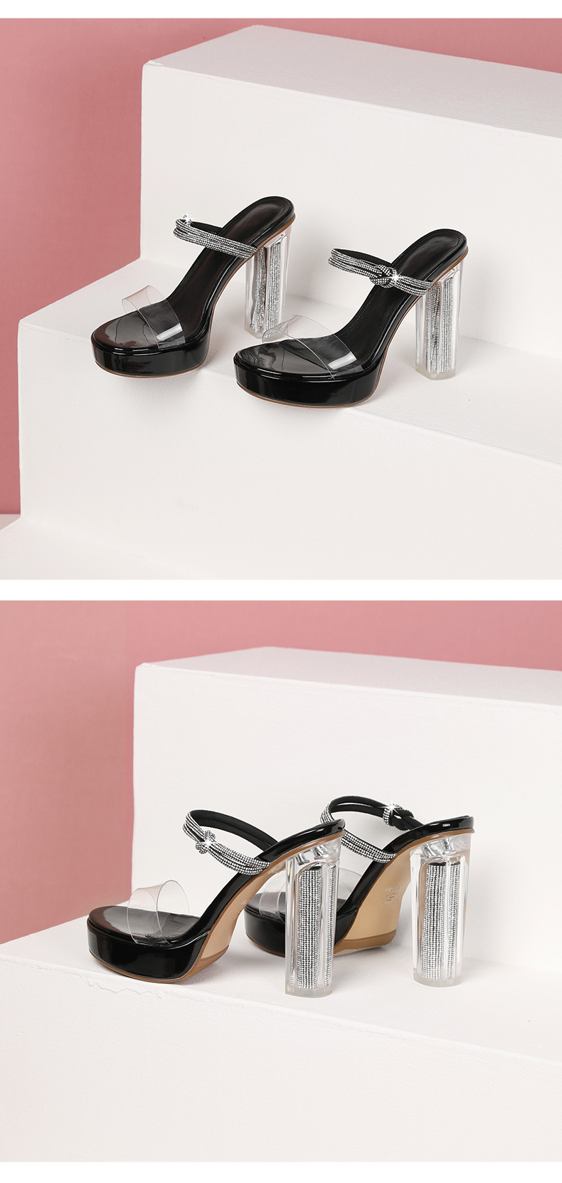 Sandal cao gót nữ gót trong suốt pha lê, quai ngang, gót 9 cm — Màu Sâm panh chi tiết 5