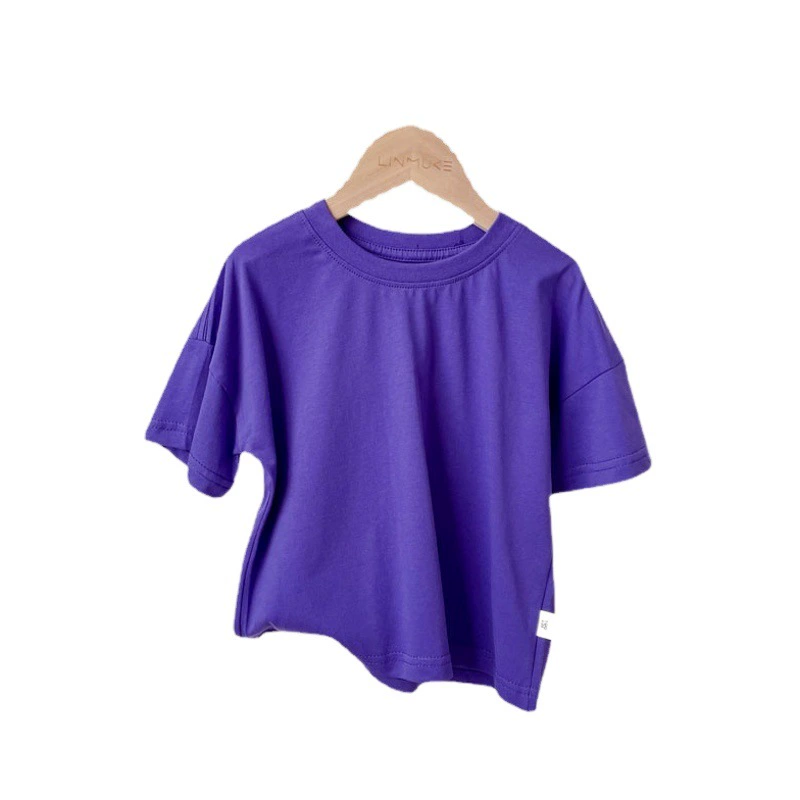 Новинка 2024, летняя детская свободная однотонная семейная универсальная хлопковая футболка с открытыми плечами и короткими рукавами для мальчиков и девочек