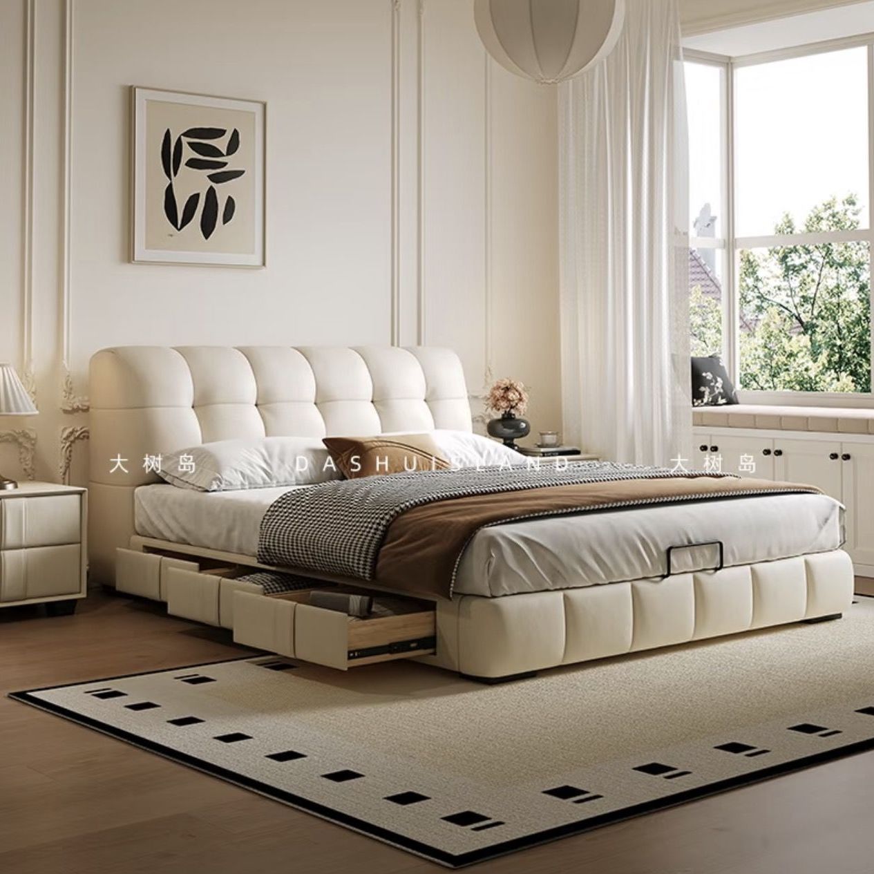 Dashudao Home Puff Bed French Cream Style Small Master Bedroom Double Bed Modern Simple Leather Storage Bed