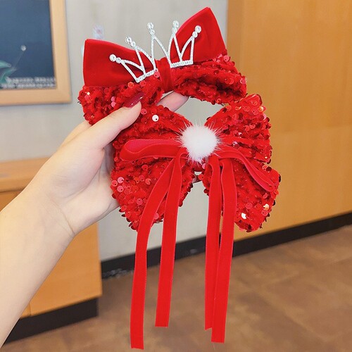 New Year Hair Accessories Children's Hairpin Little Princess Crown Bow Red New Year Hairpin Girls Happy New Year Headwear