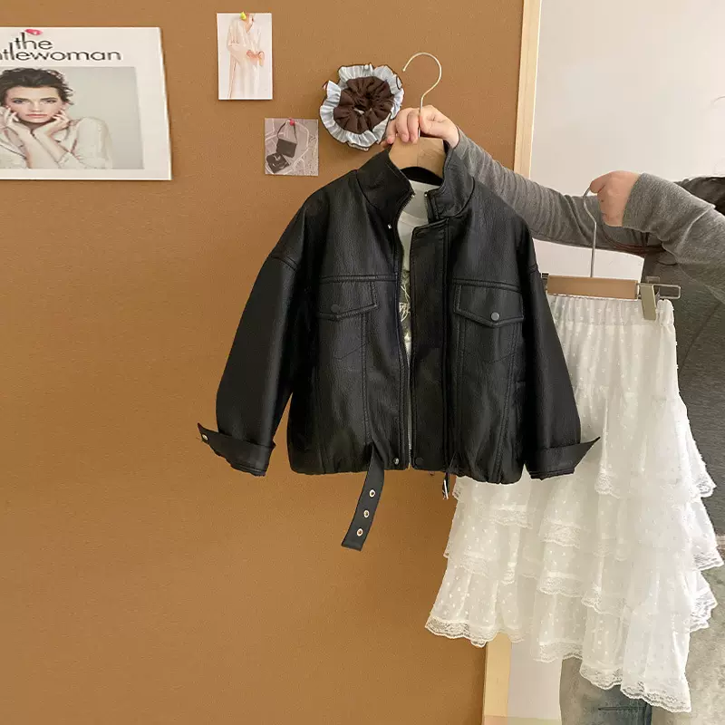 女童蝴蝶短袖T恤春秋季时髦皮衣外套蕾丝拼接蛋糕显瘦半身裙套装