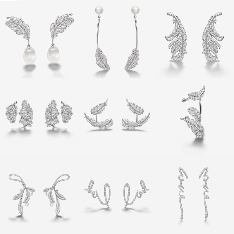 Hefang Crystal Feather Dangle Earrings Light Luxury Small Curly Hair Earrings Simple Fashion Accessories