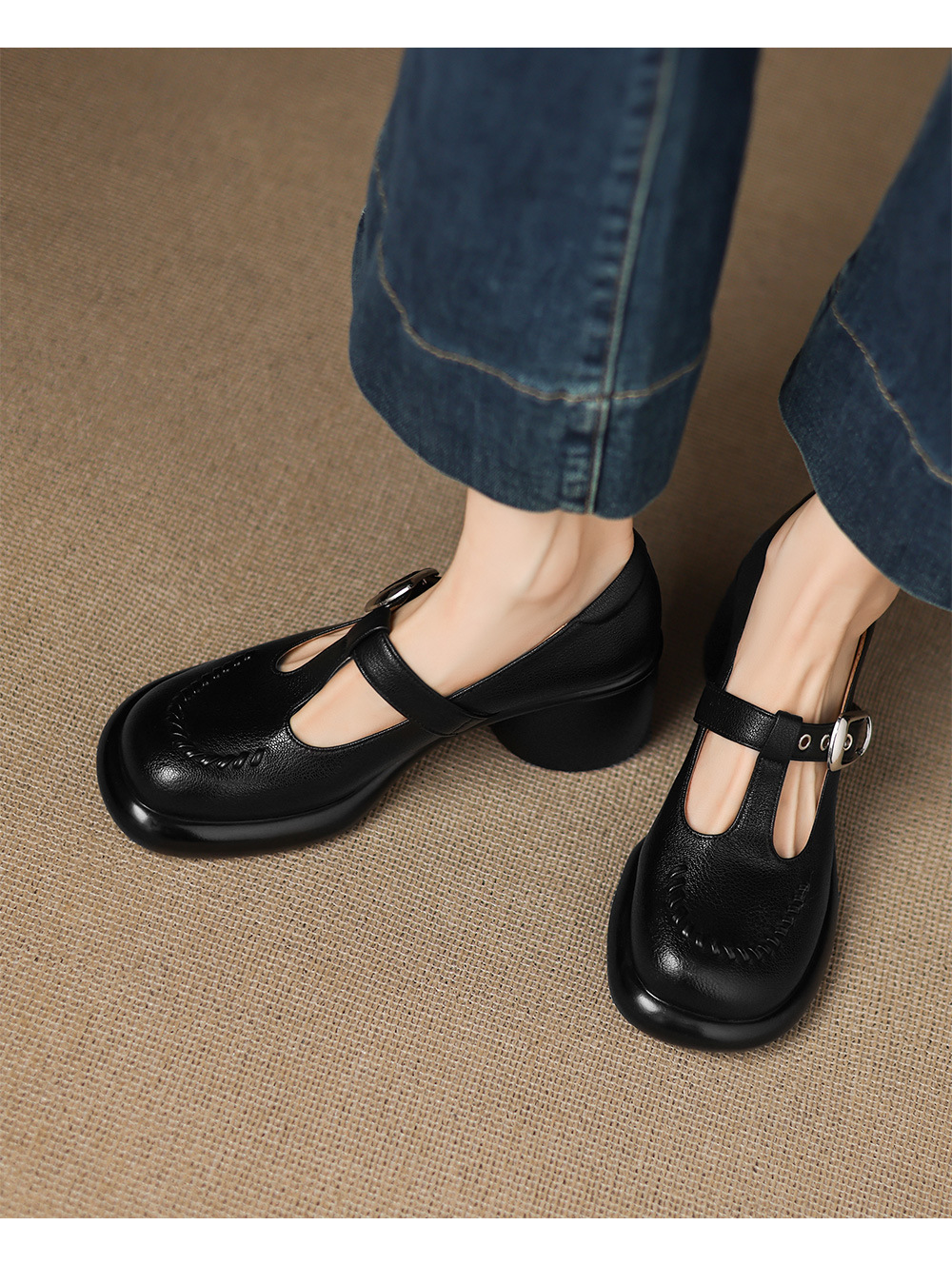 Giày Mary Jane nữ da cừu đế dày quai chữ T gót thô — đen chi tiết 10