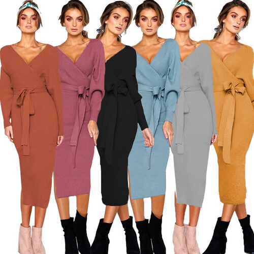 6-color hot sale autumn and winter V-neck lace long-sleeved women's dress wish elegant
