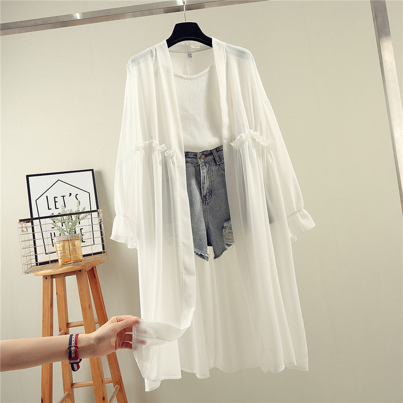 シフォンシャツジャケットミドル丈日焼け止め服レディースカジュアル韓国風ゆったり薄手大きいサイズ夏学生ビーチショール|undefined