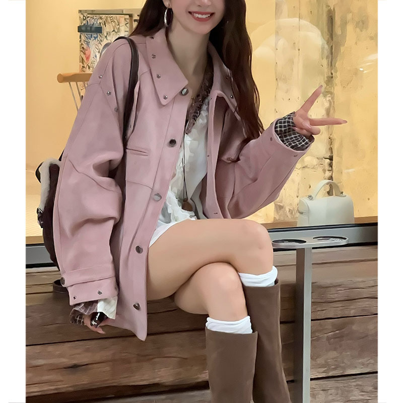 美拉德重工铆钉设计感服外套女2025春秋款美式复古棕色工装夹克潮|undefined