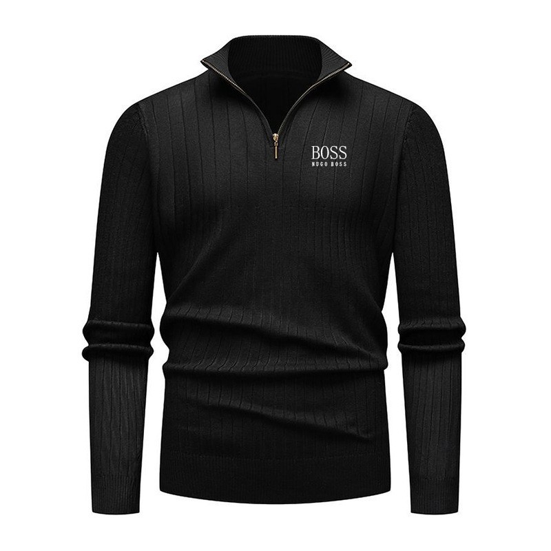 Embordado Amazon otoño y invierno hombre camiseta de punto medio cremallera de cuello europeo y americano de moda de color sólido suéter a rayas verticales