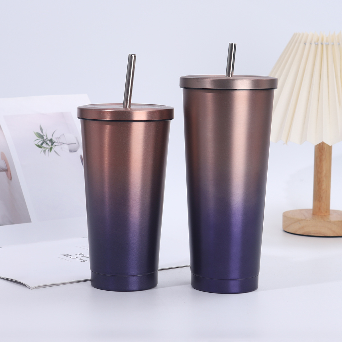 Creativo café degradado 304 taza de vacío de acero inoxidable taza de hielo de gran capacidad taza de paja para exteriores