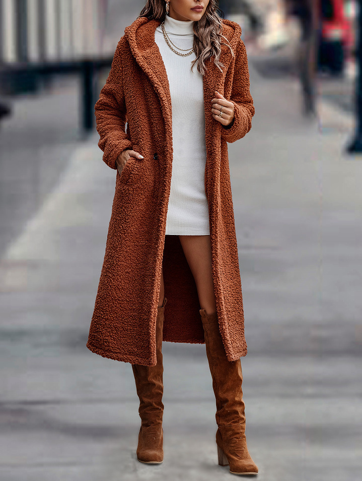 Damenbekleidung Herbst- und Wintermode lange einfarbige langärmelige Plüsch-Kapuzenjacke Damenmantel Windjacke_voghion.com