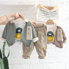 A set of three items, including a unisex long-sleeved casual autumn set with a grid pattern shirt for newborn boys, available for single-item shipment in 2022 Korean style.