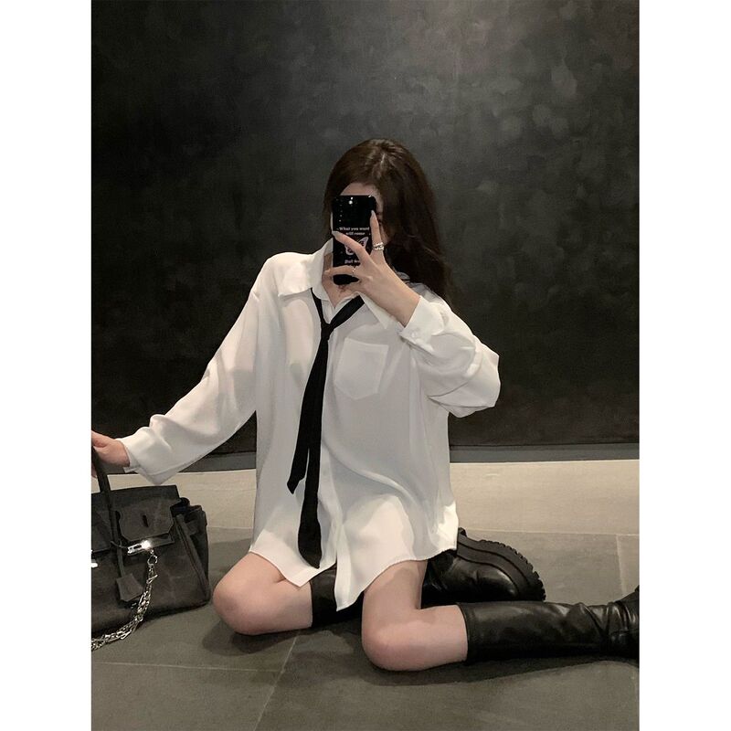 2024 Spring and Summer New Academic Style Tie Loose White Shirt Women's High-end Chic Mid-length Shirt Top