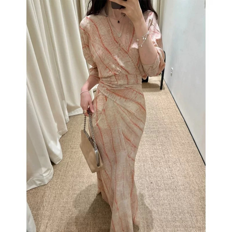 European Style V-Neck Tie-Dye Wrap Dress with Cross Straps, Printed Waist-Cinching Slimming Silk Dress 27