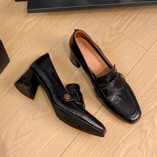 Sheepskin version ~ thick heel shoes women's genuine leather retro British style small leather shoes high heels commuter square toe loafers