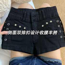 美式辣妹暗黑y2k小黑裤夏季铆钉设计牛仔超短裤性感低腰显瘦热裤