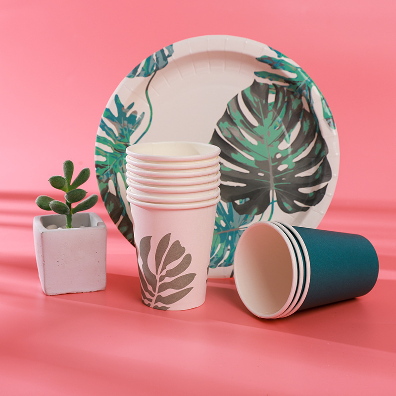 Simple Palm Leaf Pattern Paper Cup Paper Plate Set Paper Plate Handmade Disposable Tableware Creative Cake Plate
