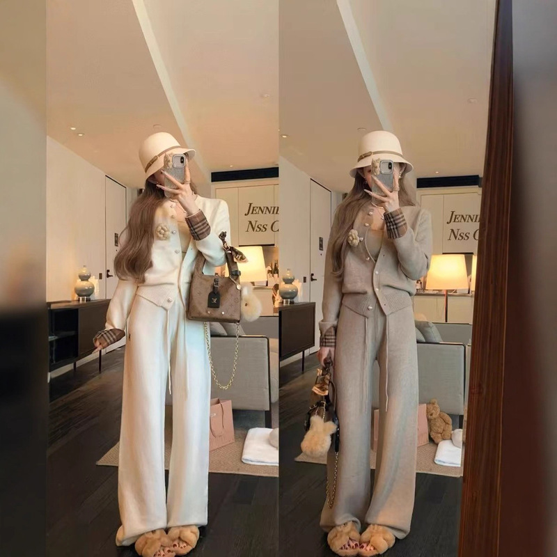 A Complete Set of Autumn and Winter Niche Outfits, Two-Piece Slim and Versatile Long-Sleeved Cardigans, High-Waisted Casual Wide-Leg Pants for Women