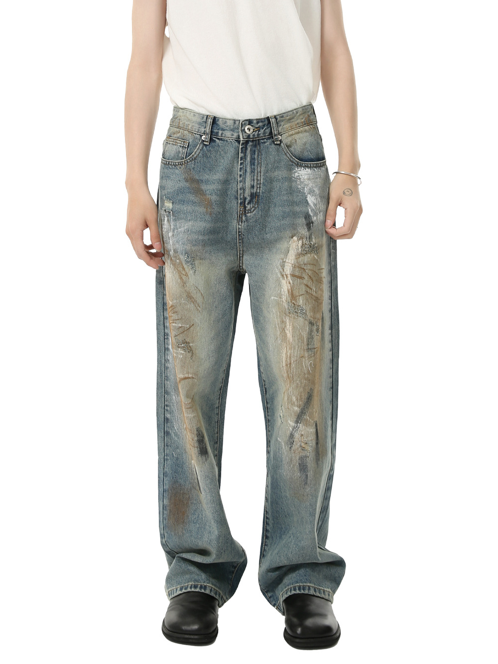 MTLCLOTHES Ropa de hombre | Personalidad de nicho, industria pesada callejera, viejo, teñido sucio, graffiti, jeans lavados, moda casual