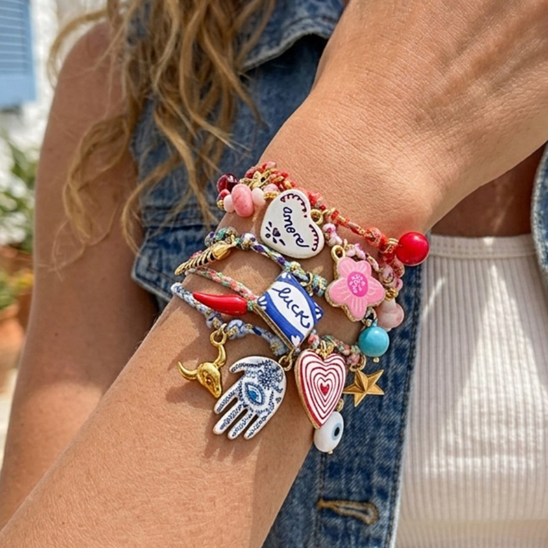 European and American cross-border new product: vintage and unique ins-style colorful gold thread woven heart, bull head, and evil eye bracelet wholesale
