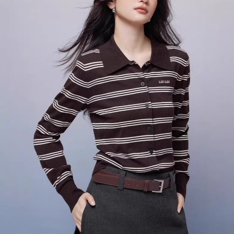 Langwens Color-Block Striped Knit Sweater for Women, 2025 Autumn New French Retro Style, Turn-Down Collar, Straight Cardigan Top Langwens Color-Block Striped Knit Sweater for Women, 2025 Autumn New French Retro Style, Turn-Down Collar, Straight Cardigan Top