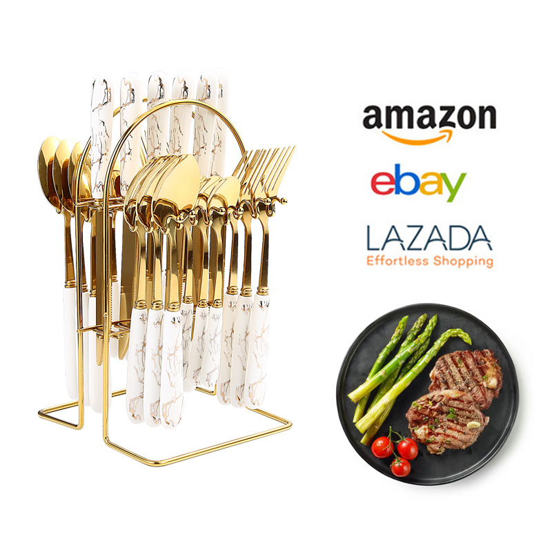 Amazon Tik Tok popular Luz de lujo de cerámica manejar cuatro piezas principales vajilla de acero inoxidable 24 piezas traje de cuchillos, tenedores y cucharas