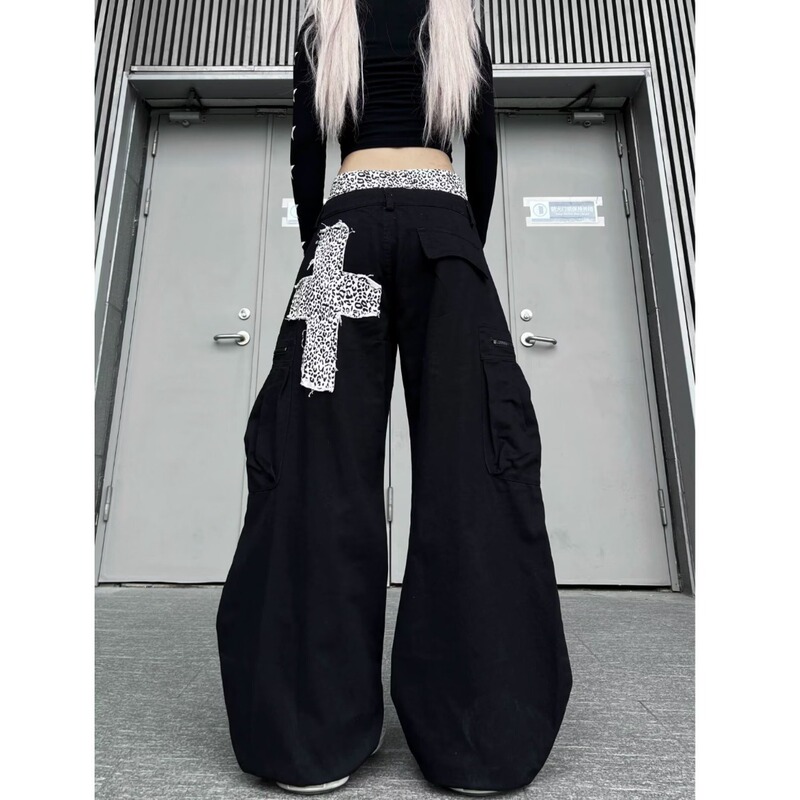 Vintage Leopard Print Cross Patchwork Double Waistband Patchwork Work Pants for Men, Suitable for Dating, Wide-Leg Denim Scimitar Pants