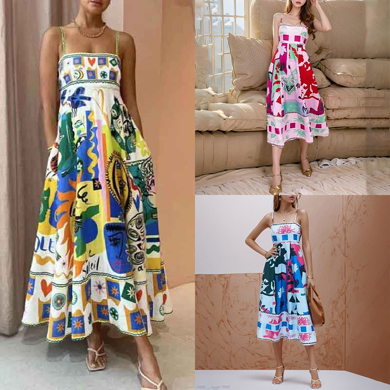 2026 New Spring Women's Clothing, Cross-Border European And American Dresses, Fashionable Graffiti Sleeveless Flared_ecoleips.com