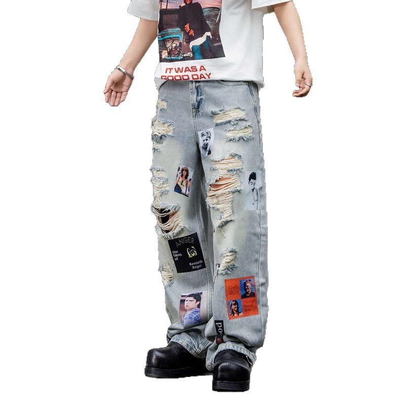 Jeans Rectos con Estampado y Desgastado para Hombre, Algodón y Denim, Diseño Rasgado, Corte Recto, para Primavera y Otoño