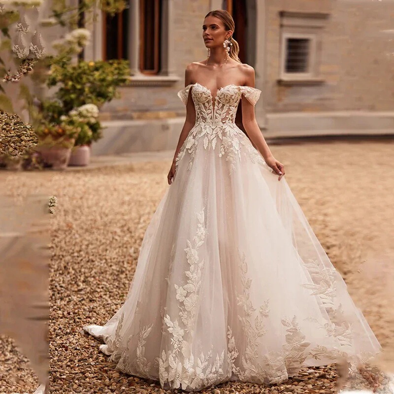 Aliexpress White Off-Shoulder Small Train Bridal Wedding Dress, Light Luxury Niche Outdoor Travel Photography Wedding Gown with Fairy-Like Charm