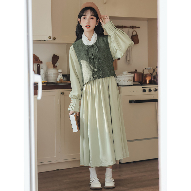 青黛明制春秋2025新款改良汉元素日常毛呢马甲+背心连衣裙套装女|undefined