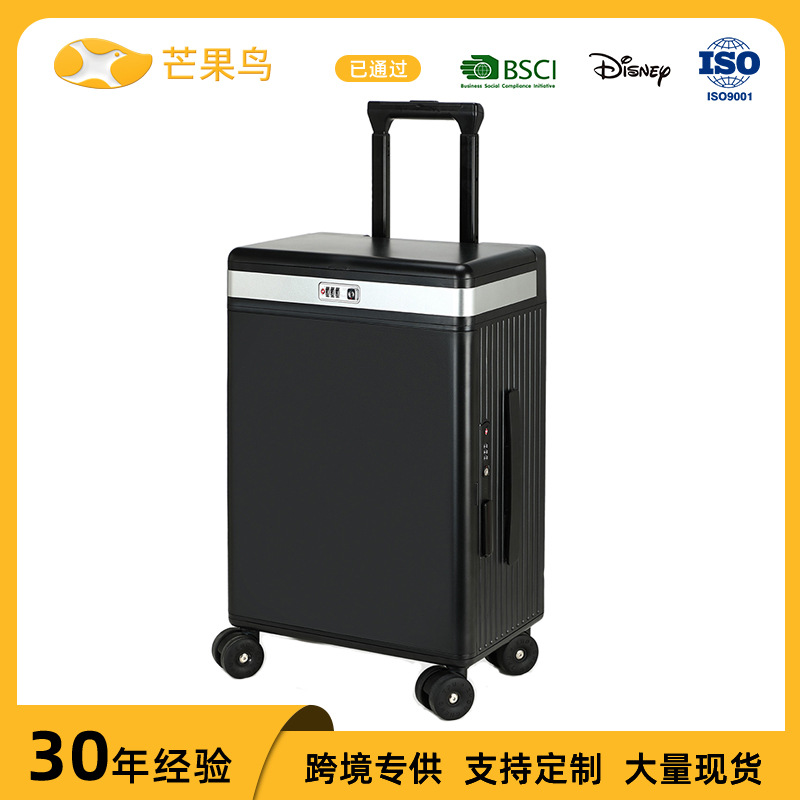 Vali kéo trang điểm có gương tích hợp đèn led, mở nắp bên hông, ngăn sâu lớn — Đêm cực đen + tay cầm đen + bánh xe đen