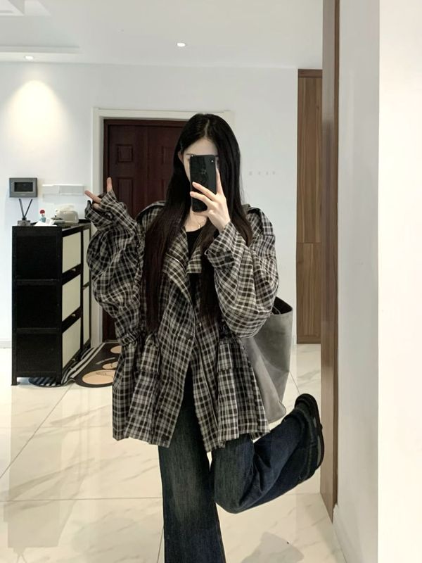韩版宽松复古格子外套女2025春秋季新款慵懒风工装开衫上衣高级感|undefined