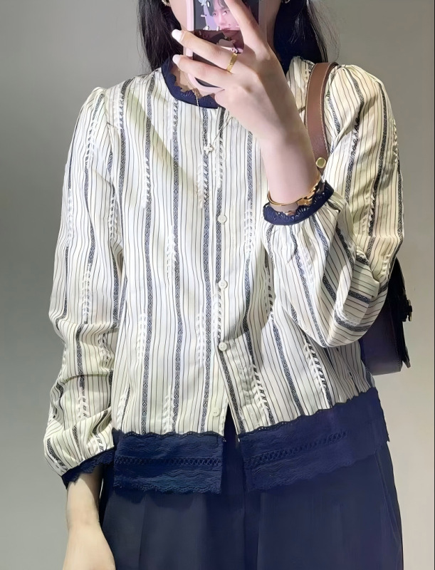 2025秋季新款女巨好看短款小衫蕾丝花边长袖衬衫法式小众条纹上衣|undefined