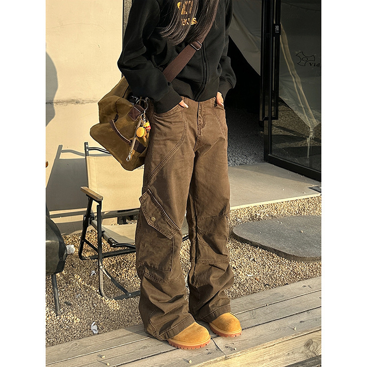 URKR New Pleated Multi-Pocket American Style Vintage Overalls Women's Loose Straight Pants Trendy Casual Wide-Leg Pants for Men