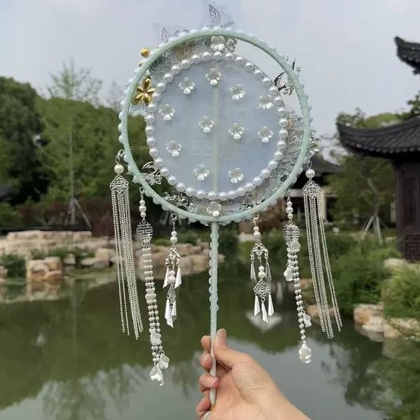 蓝色秀禾团扇小红书同款新娘扇子结婚高档团扇喜扇diy团扇材料包|undefined