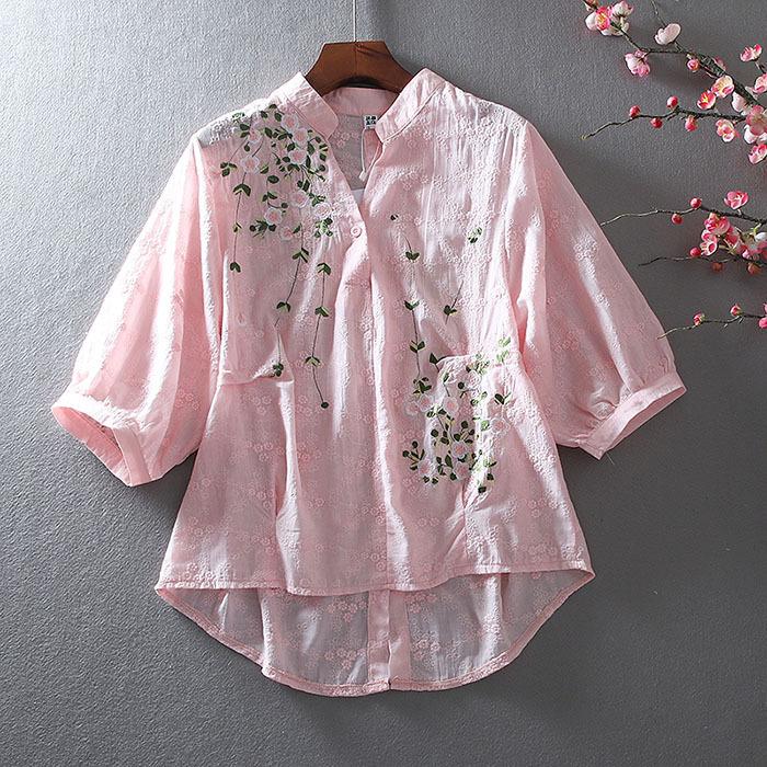 Foreign Trade Literary Style Pastoral Style Embroidery Lace Pure Cotton Short Front Back Long V-neck Shirt Women's Top for Summer