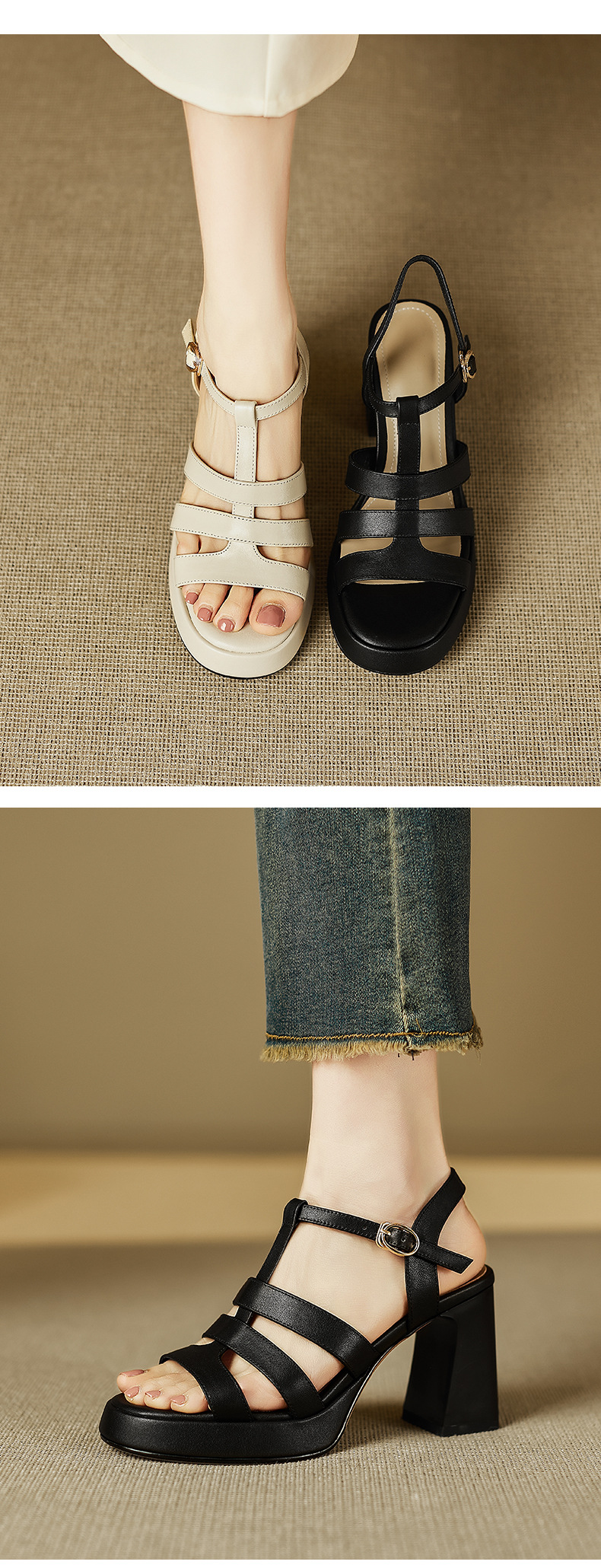 Sandal cao gót nữ quai chữ T kiểu La Mã gót dày 8.5 cm handmade — đen chi tiết 4