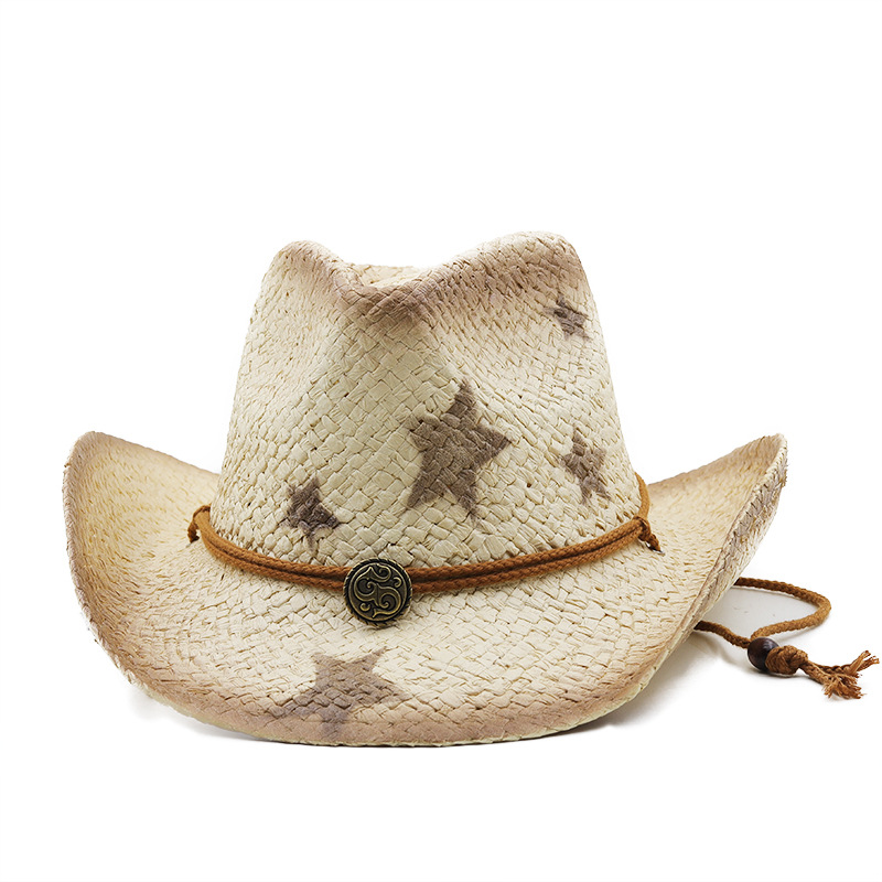 Outdoor Beach Sun Hat Men Women Spray Painted Five Pointed Star Cowboy Ethnic Style Straw Hat_voghion.com